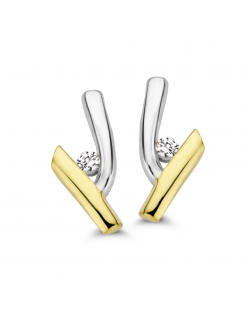Gouden oorstekers, bicolor met er tussen een diamant, 0.04crt
