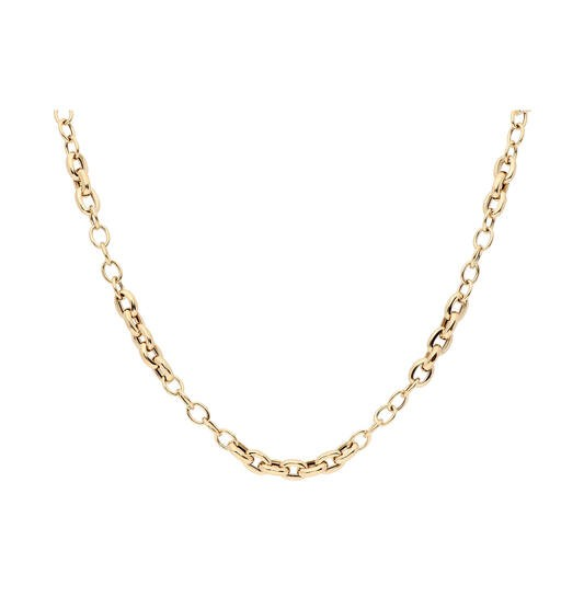Dit 14 karaats schakencollier onderdeel van de Van Zaanen Goud Collectie, heeft een unieke fantasieschakelontwerp en is 45 cm lang. Draag het als een opvallend sieraad, zowel solo als in combinatie met andere kettingen. Het is een verfijnde aanvulling voor elke outfit en gelegenheid.