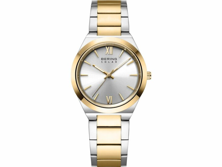 De Bering Dameshorloge model 19932-710 heeft een roestvrijstalen kast en band in goud-zilverkleur. Het heeft een analoge wijzerplaat met streepindexen, saffierglas en werkt op zonne-energie. Dit horloge heeft geen datum- of lichtfunctie. Draag hem elegant om de pols voor formele gelegenheden of alledaagse chic. Perfect voor wie houdt van stijl en duurzaamheid.
