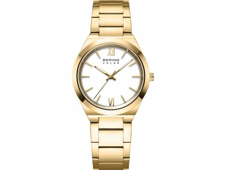 Dit horloge, modelnummer 19932-734, heeft een goudkleurige roestvrijstalen kast en band, en een witte analoge wijzerplaat. Met een saffierglas en zonne-aangedreven uurwerk is het duurzaam en stijlvol. Niet-anti-allergeen en zonder datumaanduiding. Ideaal om dagelijks te dragen bij zowel formele als informele gelegenheden, voor een elegante en tijdloze uitstraling.