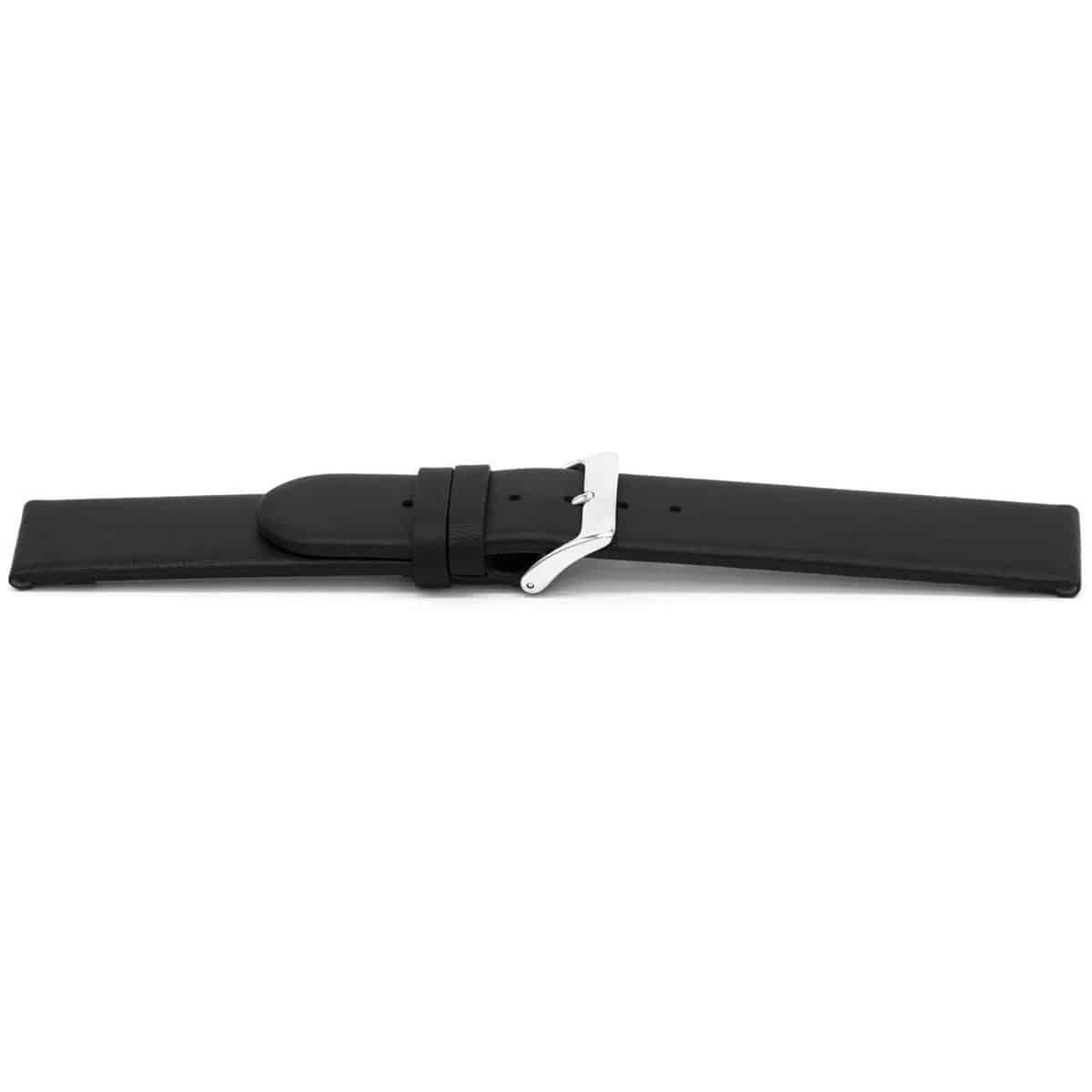Zwart lederen horlogeband met zilverkleurig edelstalen gesp.
Kleur band: Zwart
Band dikte: 2.8mm 
Band lengte: 75/115mm
Band breedte: 22x22mm
Gesp: Stainless steel
Bekleding binnenband: Nubuck
Gestikt: Nee
Pushpin: Exclusief
Hypo allergisch: Ja
NFC Chip: Ja
EAN: 4780263116224