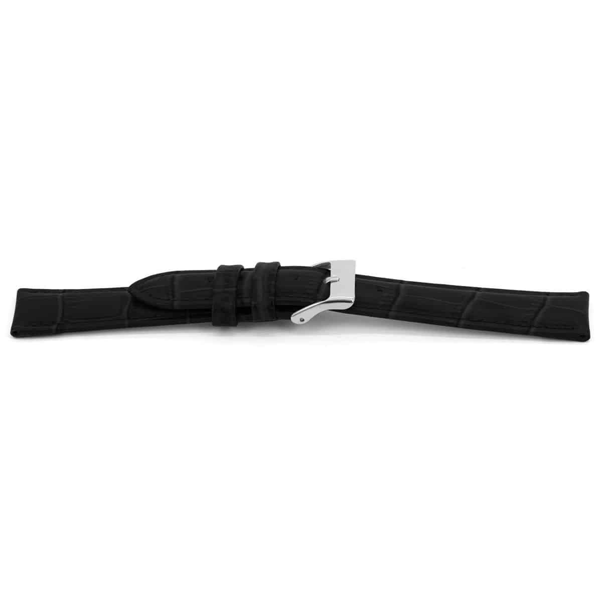 Zwart lederen horlogeband met zilverkleurig edelstalen gesp.
Kleur band: Zwart Mat
Band dikte: 4.5mm
Band lengte: 75/115mm
Band breedte: 18x16mm
Gesp: Stainless steel
Bekleding binnenband: Nubuck
Gestikt: Ja, dezelfde kleur als de band. 
Pushpin: Exclusief
Hypo allergisch: Ja
EAN:4782563156184