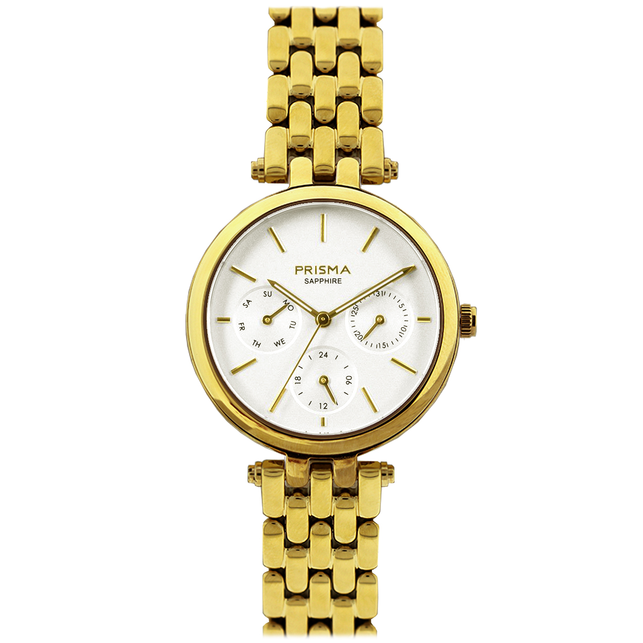 Prisma horloge P3003 TOISE dames multifunctie edelstaal saffierglas 5 ATM 

Algemeen
Geslacht: dames
Model: P.3003

Voordelen
- band edelstaal goudkleurig
- multi-functie
- wijzerplaat off-white met goudkleurige streepjes
- glas is zeer krasvast
- compacte sluiting met extra draagcomfort
- 24 uurs aanduiding
- dagwijzer
- quartz
- maat kast 32 mm (breedte) 8 mm (dikte)

