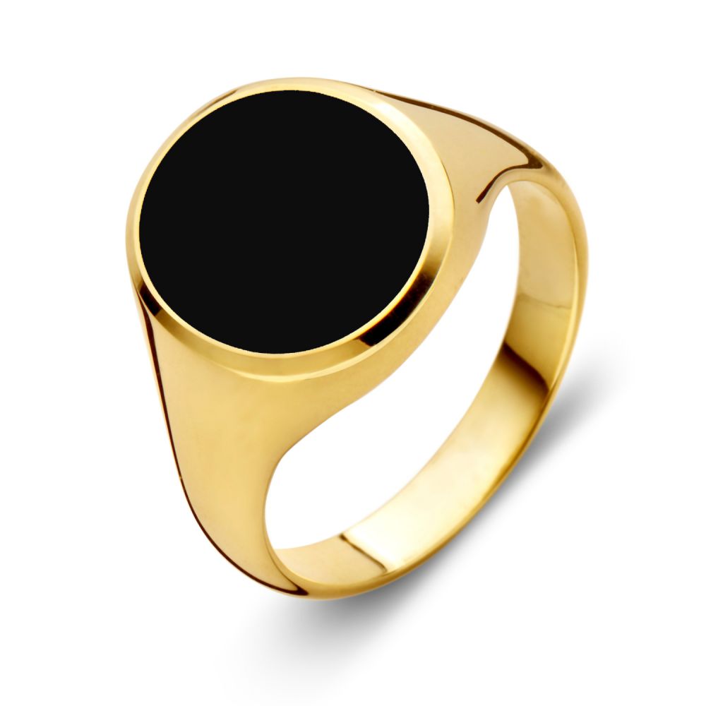 Massieve 14k gouden zegelring (ovaal model) en een zwarte onyx steen. Steenmaat 15x13 mm