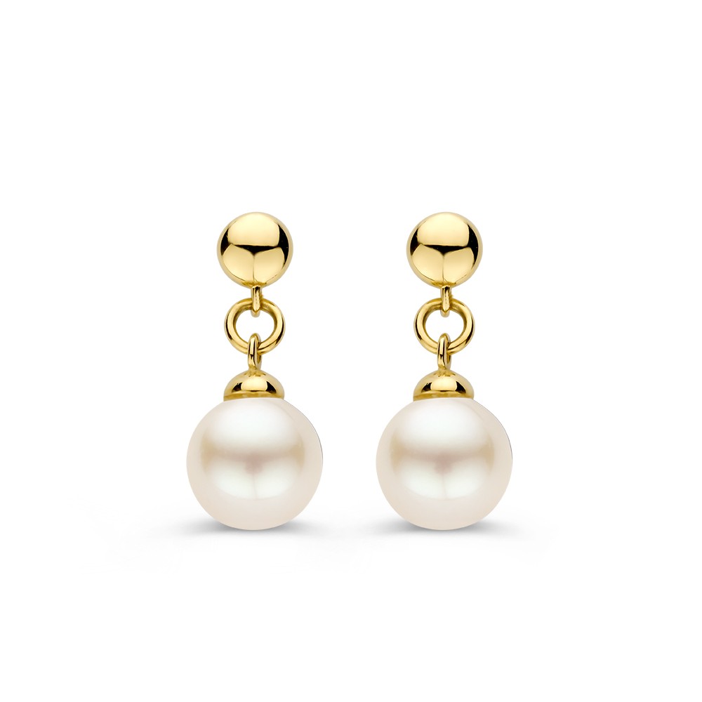 Stijlvolle geelgouden oorstekers met een rond element en een hangende parel.
