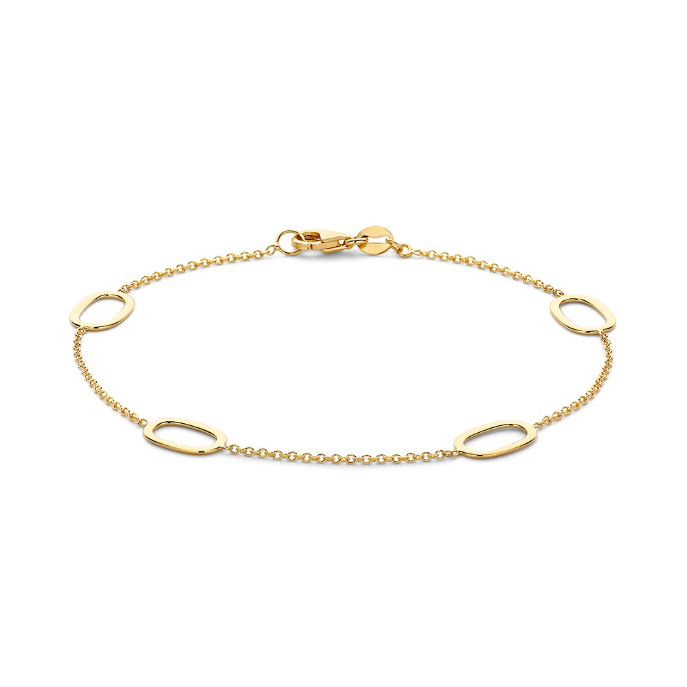 Geelgouden schakelarmband met opengewerkte gouden schakels in ovale vorm.
