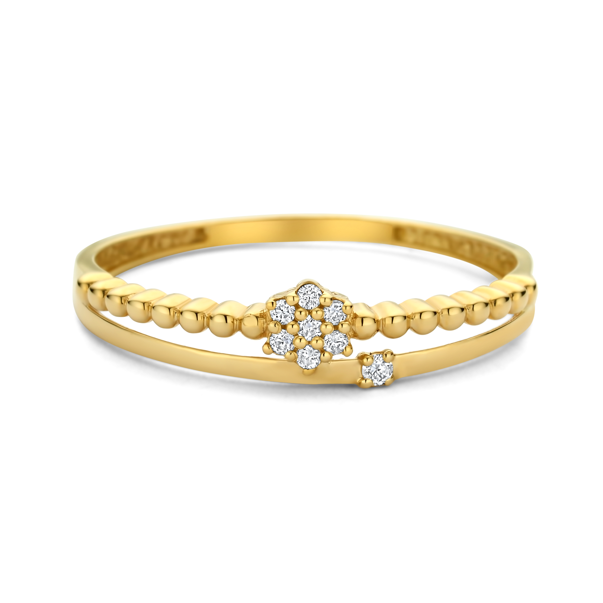 Gouden damesring met briljant in bloemvorm. 