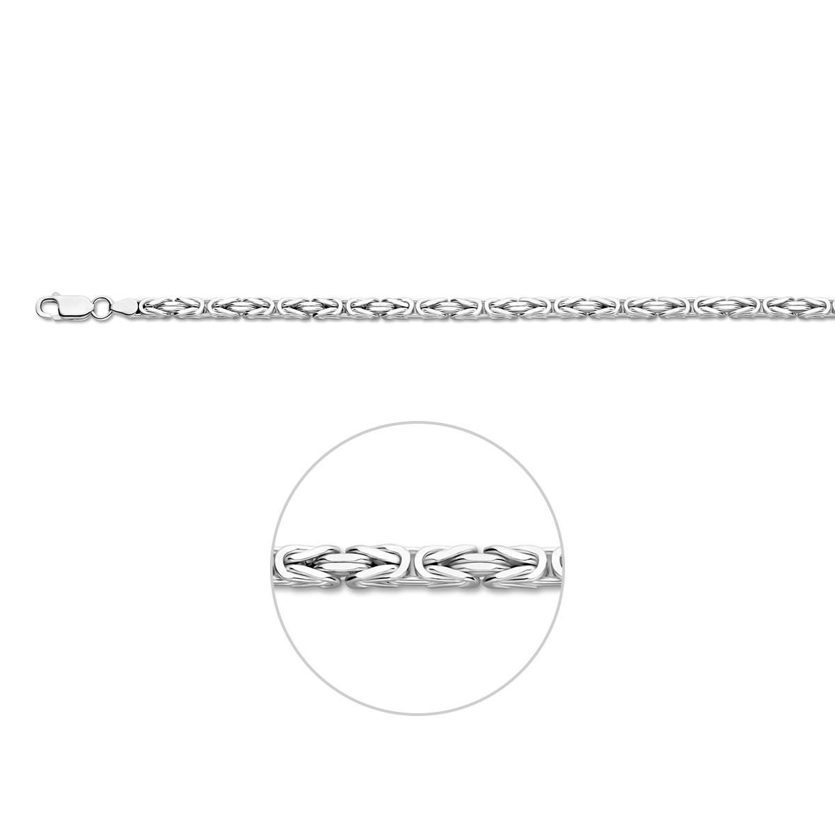 Zilveren lengte artikel met konings schakel. De schakelbreedte is 4.0mm.