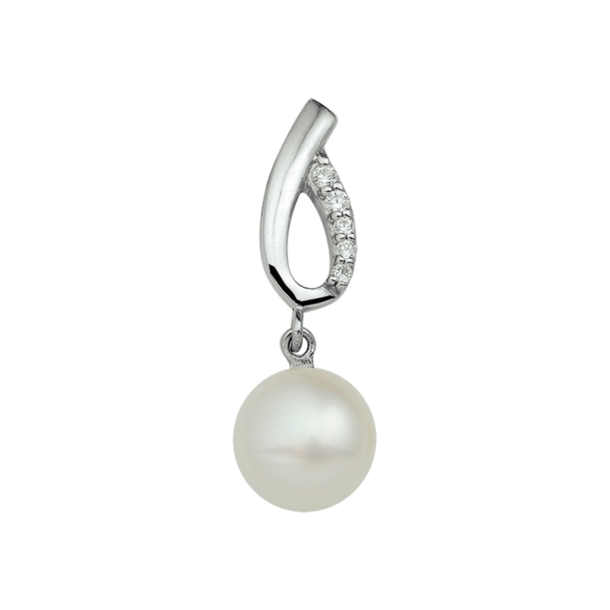 Gerhodineerd zilveren hanger met zoetwaterparel en zirkonia. De hanger heeft een los hangoog en is onderdeel van een set.