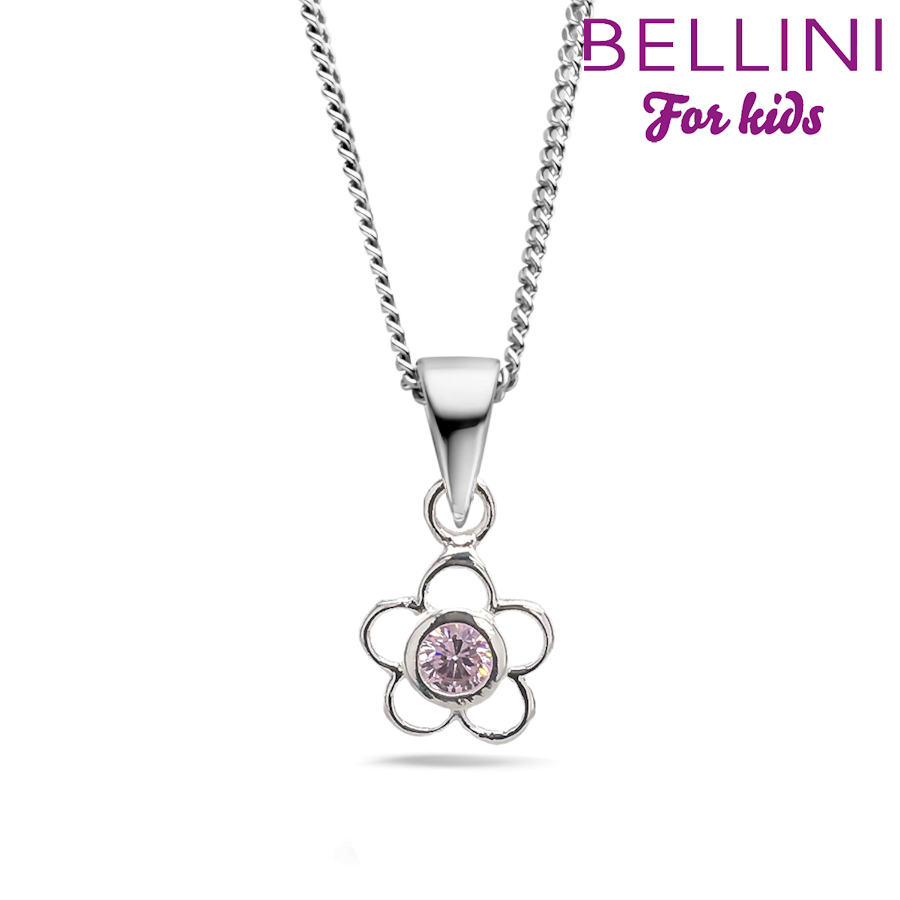 zilveren Bellini collier, bloem+roze cz