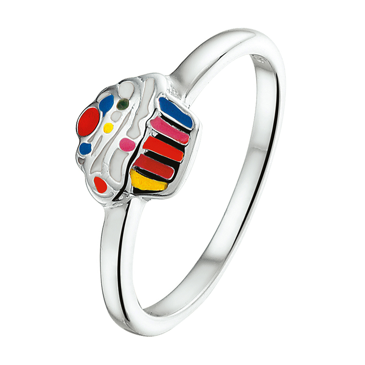 Gerhodineerd zilveren cupcake ring uitgevoerd met een kleurrijke emaille afwerking. De ring is er in verschillende maten en heeft een breedte van 9mm. U kunt deze ring combineren met bijpassende sieraden uit onze collectie.