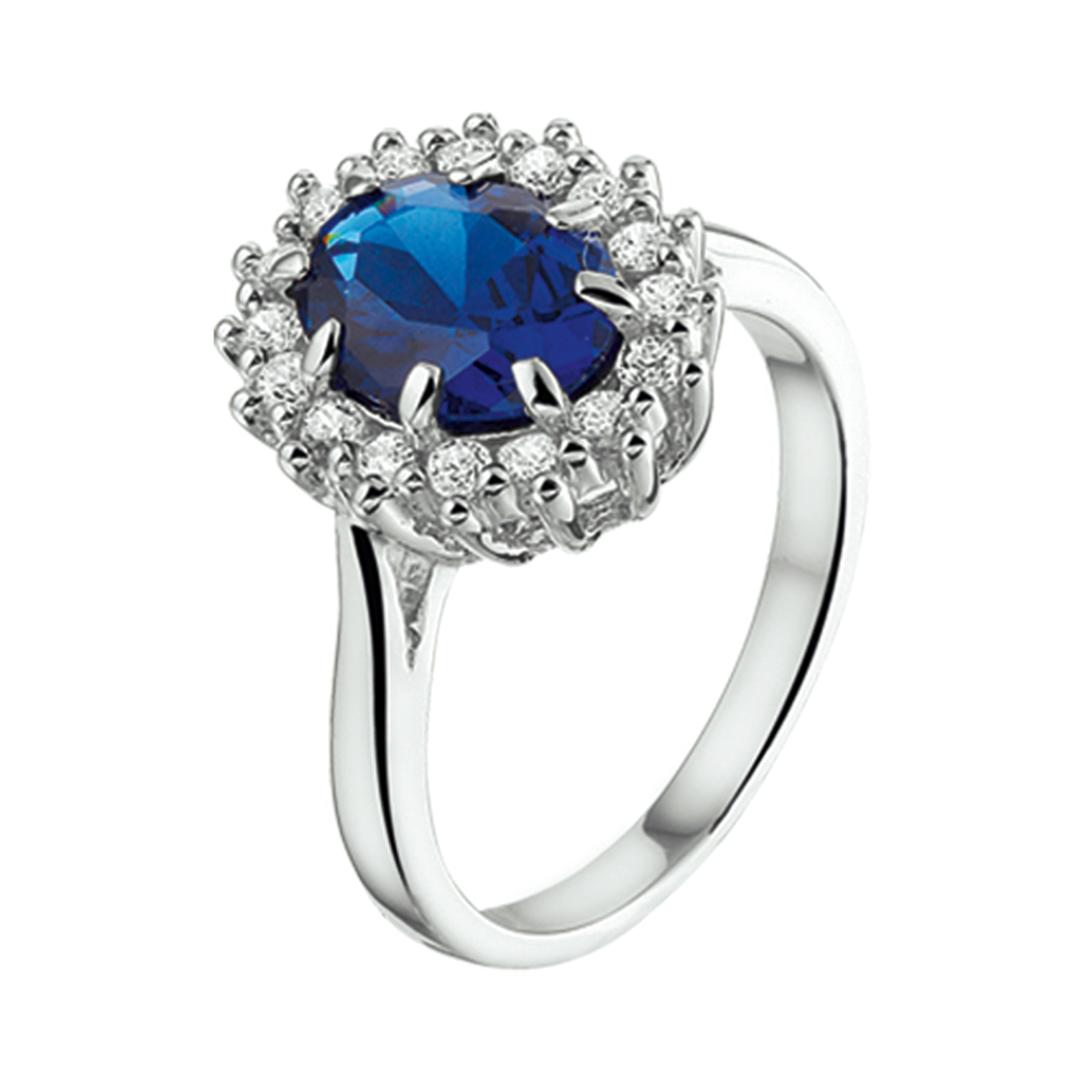 Gerhodineerd zilveren ring met synthetische saffier en zirkonia.