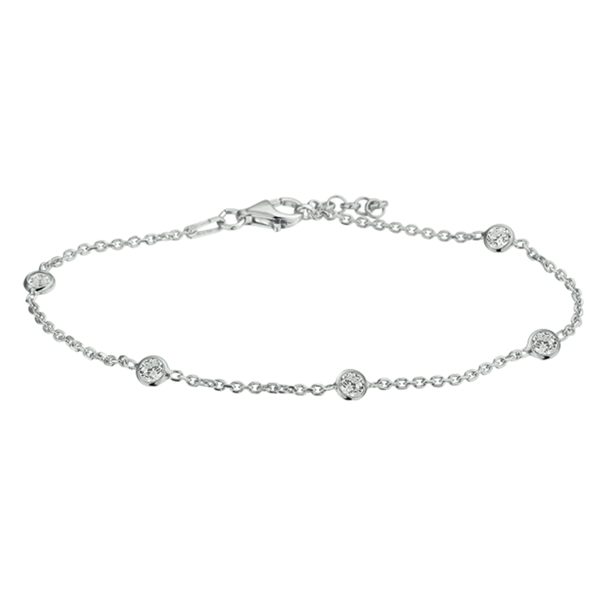 Gerhodineerd 925 zilveren anker armband uitgevoerd met een heldere zirkonia en een karabijn sluiting. De armband heeft een draaglengte van 17cm en een extensie van 2cm. De schakelbreedte is 1.5mm.