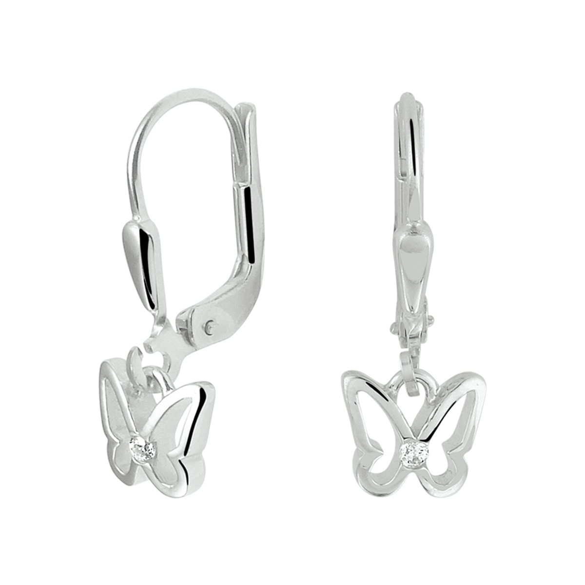 Gerhodineerd zilveren oorhangers met een vlinder van 6.5x7mm. De oorhangers zijn uitgevoerd met heldere zirkonia en hebben een totale hoogte van 2cm.