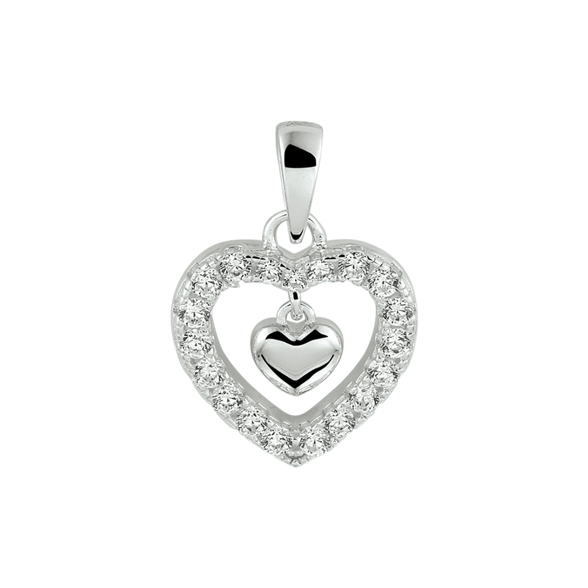 Gerhodineerd 925 zilveren hanger in de vorm van een hart en uitgevoerd met een schitterende zirkonia rij. De hanger heeft een totale hoogte van 2cm en een breedte van 13.5mm.