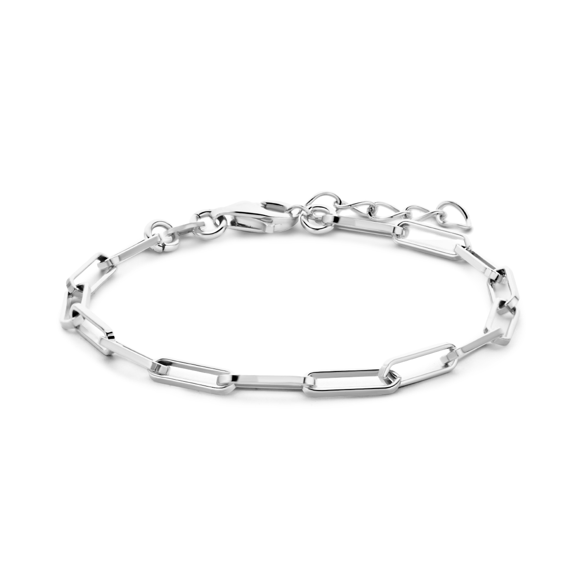 Gerhodineerd 925 zilveren paperclip armband uitgevoerd met een karabijn sluting. De armband heeft een draaglengte van 15.5cm en een extensie van 2.5cm. De schakelbreedte is 3.0mm.