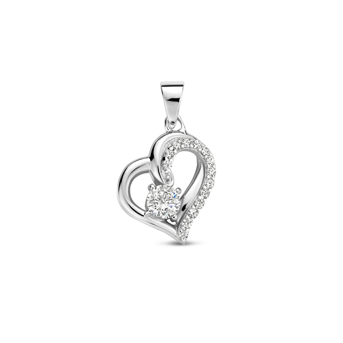 Gerhodineerd 925 zilveren hanger in de vorm van een hartje met zirkonia. De hanger heeft een totale hoogte van 1.9cm.