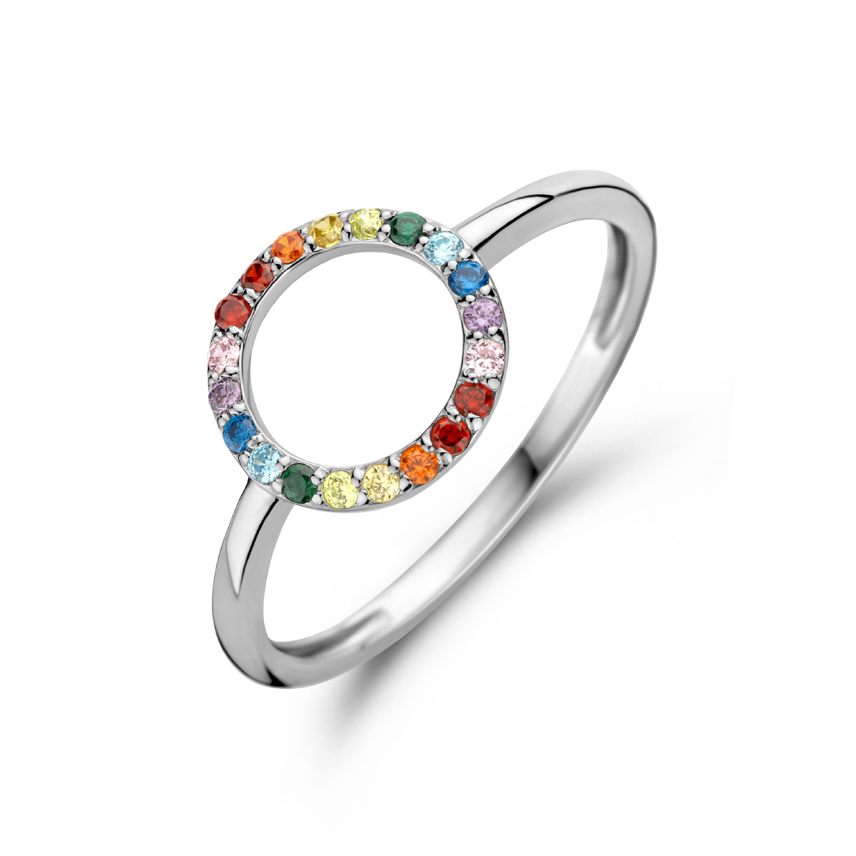 De Zilveren Ring rondje regenboog zirkonia heeft een schitterende blauwe briljant geslepen zirkonia in een rhodium geplaatste ring. Met een glanzende afwerking en een diameter van 10 mm. Draag deze elegante ring als een opvallend accent op je middelvinger of als een verfijnd detail op je ringvinger. Ringsize: 56.