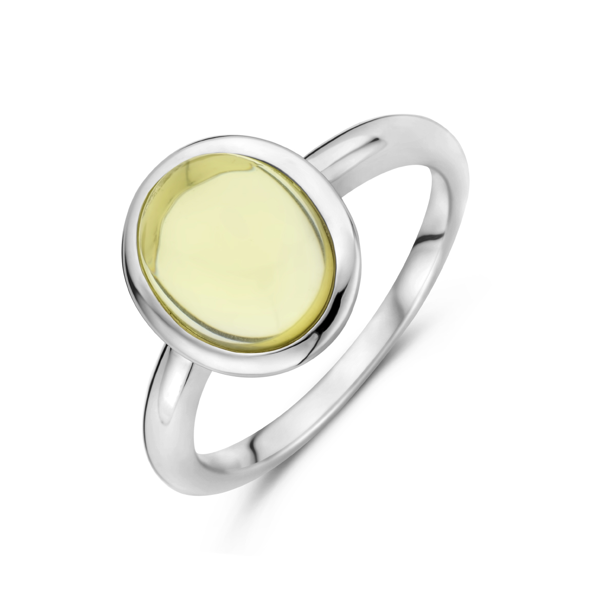 Gerhodineerd 925 zilveren ring uitgevoerd met citroenkwarts. De ring heeft een afmeting van 12x10.5mm.