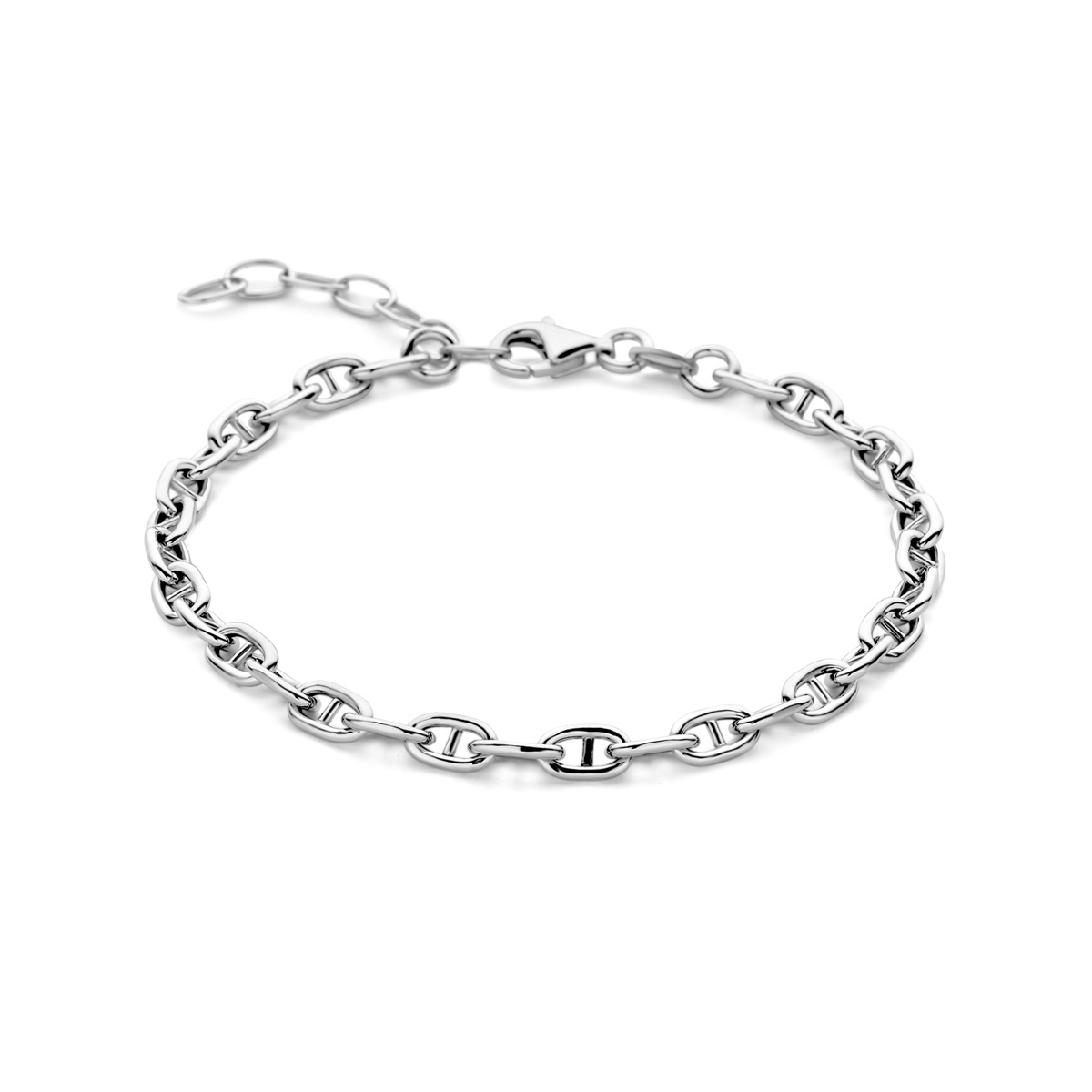 Gerhodineerd 925 zilveren armband uitgevoerd met een karabijn sluiting. De armband heeft een draaglengte van 16cm en een extensie van 3cm. De schakelbreedte is 4mm.