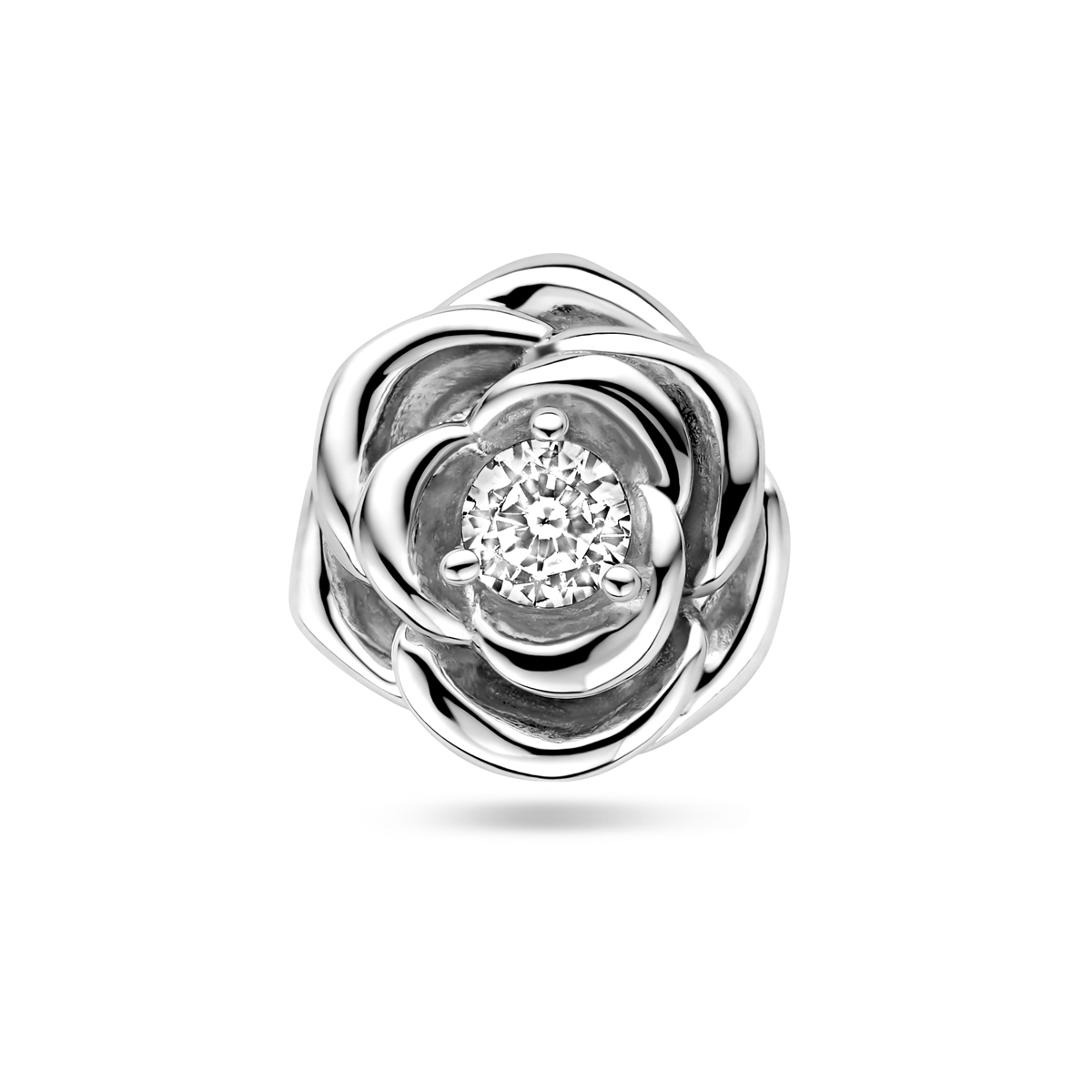 Gerhodineerd 925 zilveren hanger uitgevoerd in de vorm van een roos met zirkonia. De hanger heeft een afmeting van 11x10,5mm.