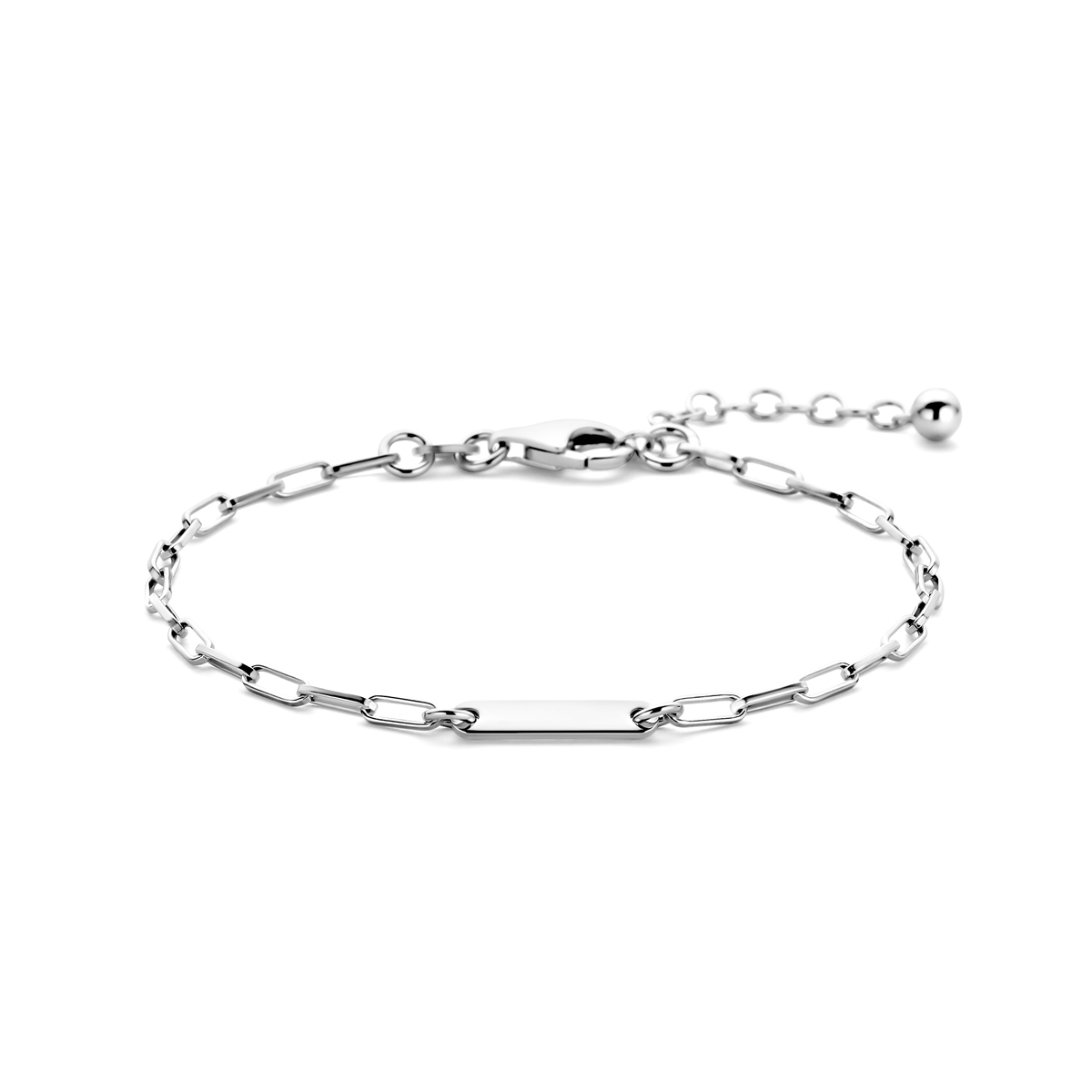 Gerhodineerd 925 zilveren armband uitgevoerd met paperclip schakel en plaatje. De schakelbreedte is 2.2mm. Het plaatje heeft een afmeting van 3x15mm. De armband heeft een lengte van 17cm met een extensie van 3cm. Uitgevoerd met karabijnsluiting.