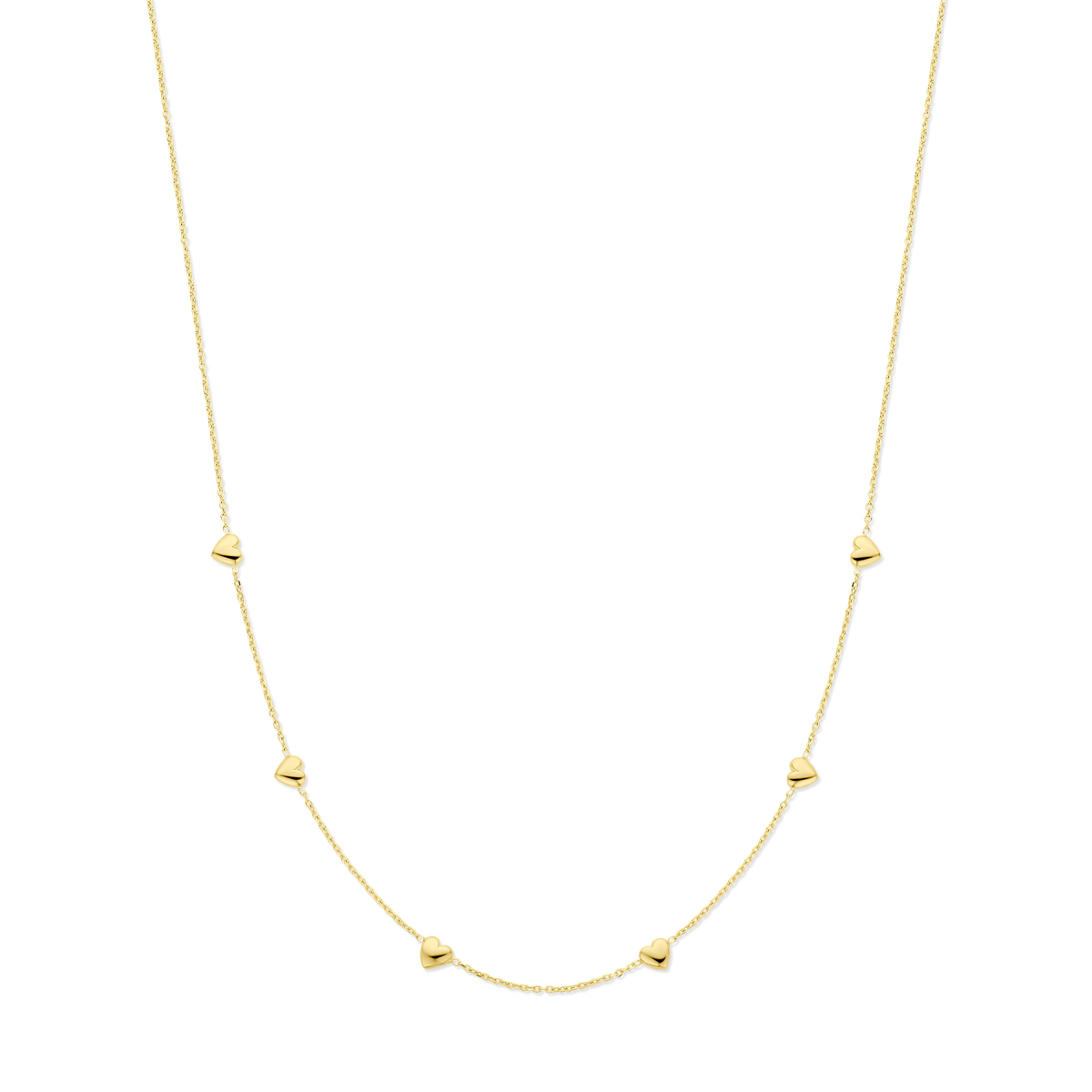 Verguld op 925 zilveren collier uitgevoerd met hartjes. Het collier heeft een schakelbreedte van 1.1mm en een draaglengte van 41cm met 4cm extensie. Geen garantie op plating.