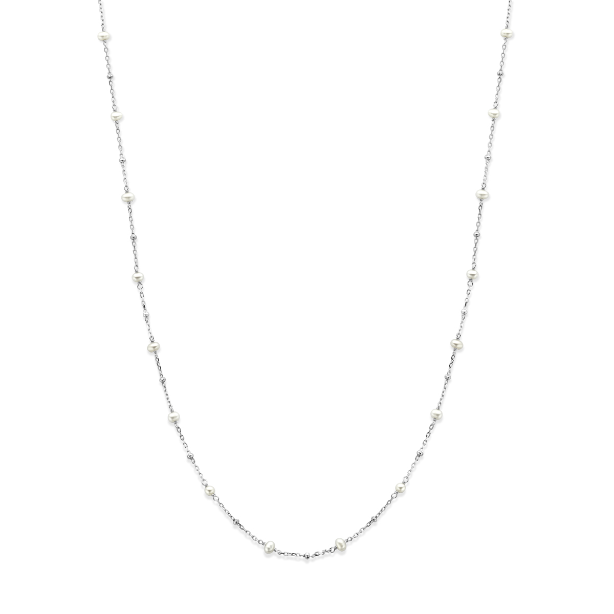 Gerhodineerd 925 zilveren collier uitgevoerd met parels. Het collier heeft een draaglengte van 41cm met 4cm extensie.