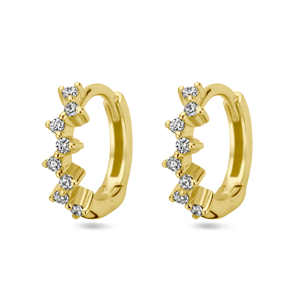 Verguld op 925 zilveren klapoorringen uitgevoerd met zirkonia. De klapoorringen hebben een afmeting van 11.5x3mm. Geen garantie op de plating.