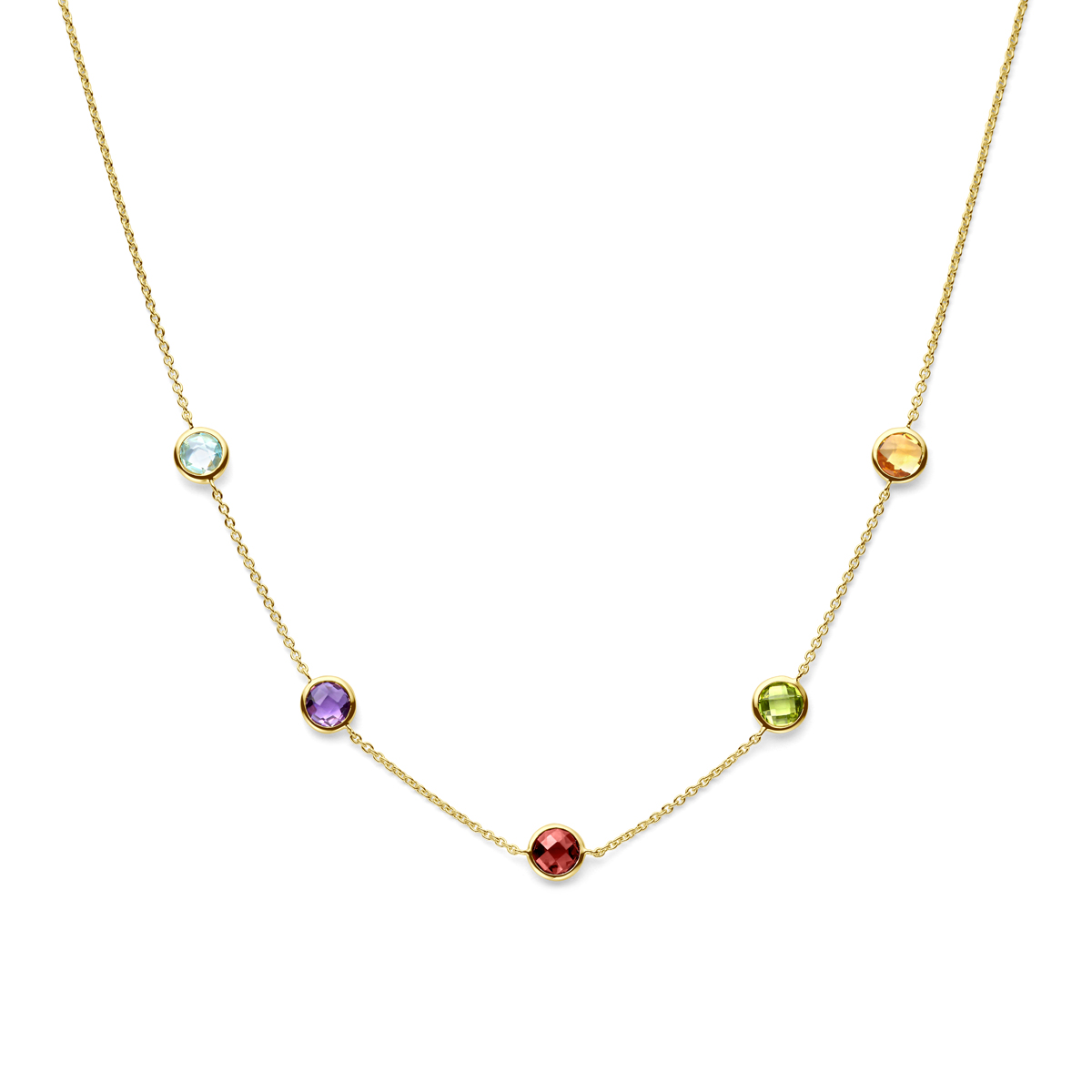 Verguld op 925 zilveren collier uitgevoerd met amethist, blauw topaas, granaat, peridot en citrien. Het collier heeft draaglengtes van 42-43.5-45cm. Uitgevoerd met karabijnsluiting. Geen garantie op de plating.