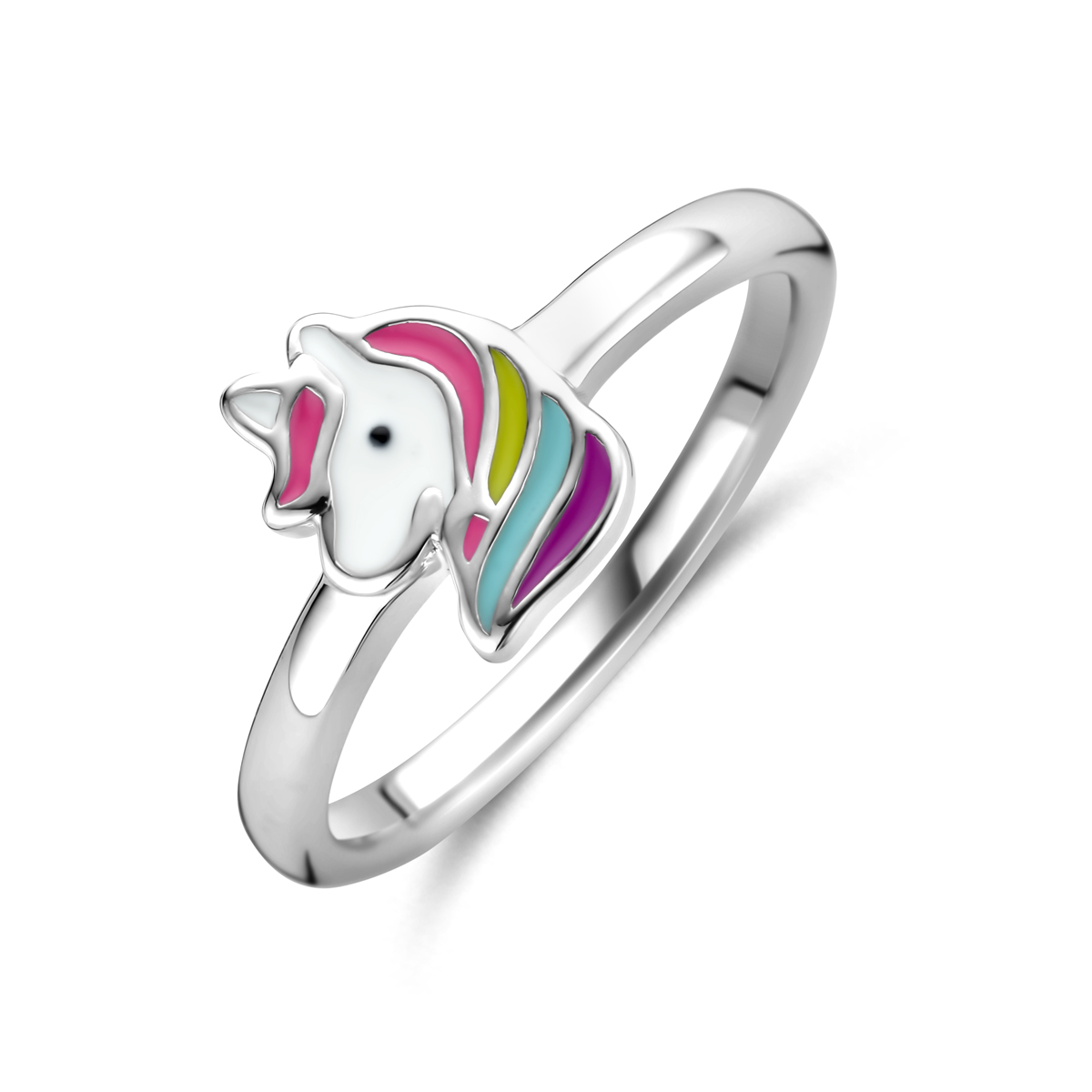 zilveren kinderring, gekleurde eenhoorn mt14