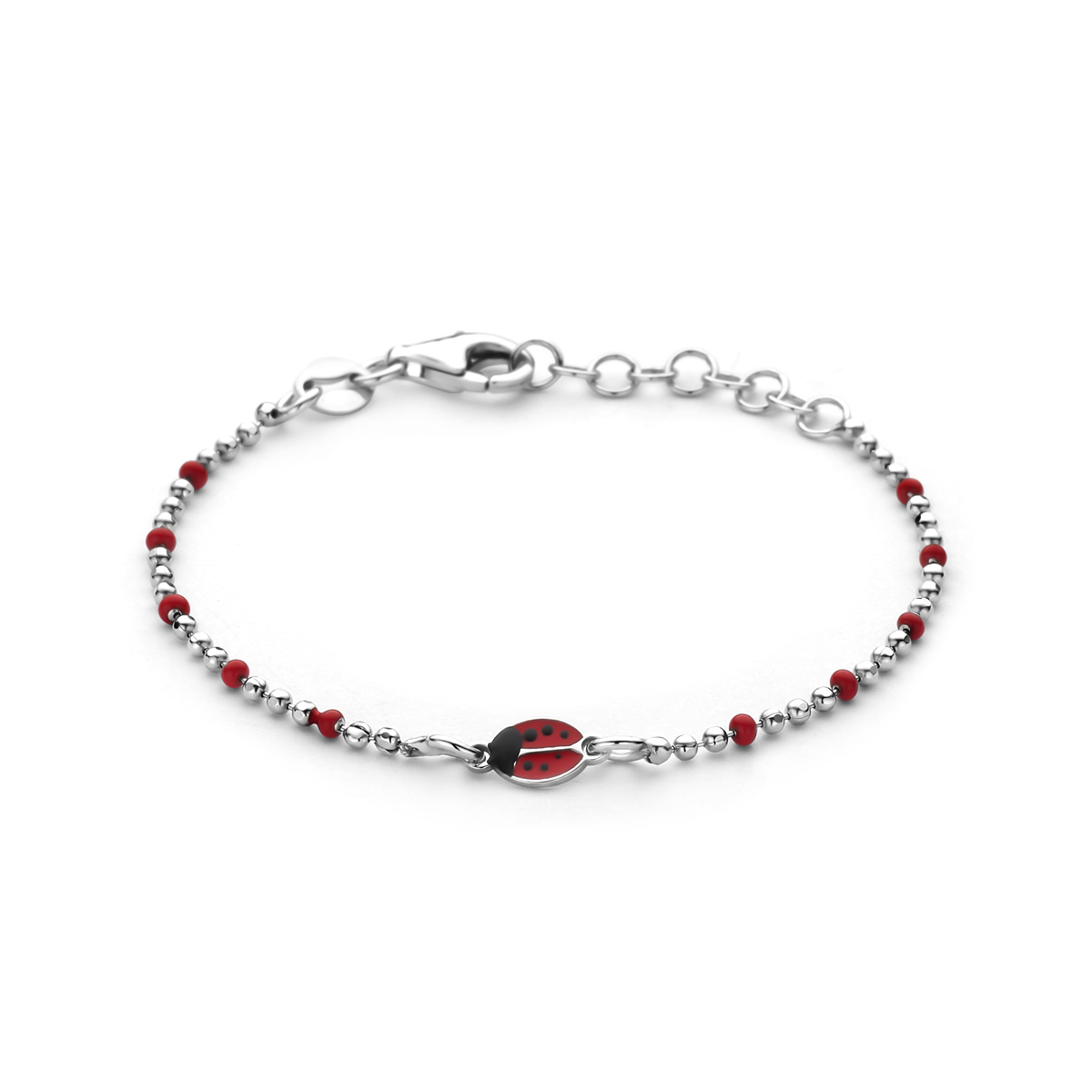 Gerhodineerd 925 zilveren armband uitgevoerd met lieveheersbeestjes. De armband heeft een draaglengte van 13cm met 3cm extensie.