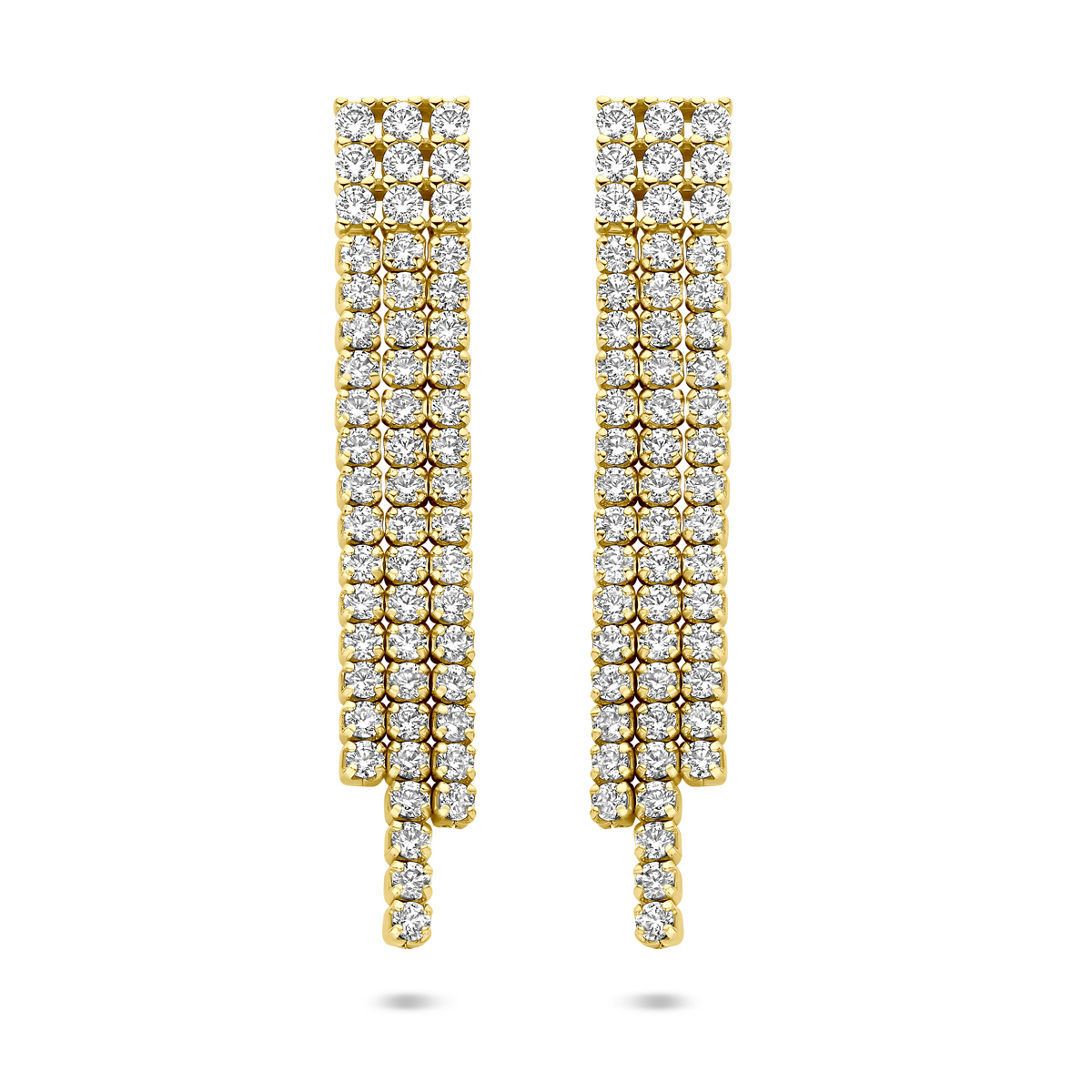 Zilver vergulde oorhangers uitgevoerd met zirkonia. De oorhangers hebben een totale hoogte van 36mm. Geen garantie op de plating, 1 micron.