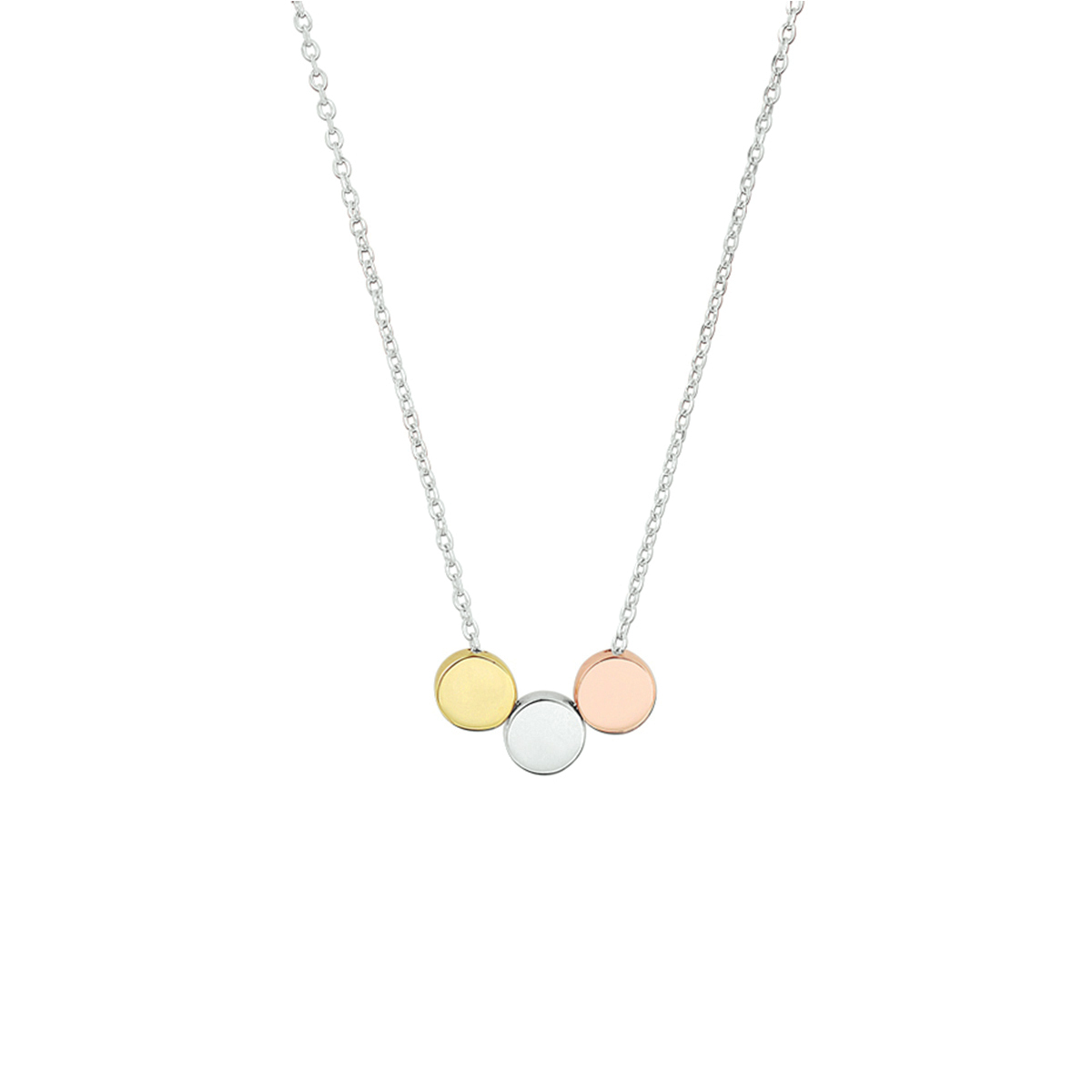 Trendy gerhodineerd 925 zilveren collier met een draaglengte van 41cm en een extensie van 4cm. Uitgevoerd met 3 rondjes van 5.5mm waarvan 2 in gold en rose plating. De schakelbreedte is 1.1mm. Met een stevige karabijn sluiting. Geen garantie op plating.