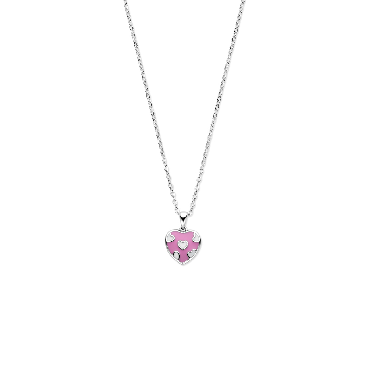 Gerhodineerd 925 zilveren collier uitgevoerd met een emaille hartje. Het collier heeft een draaglengte van 36cm met 3cm extensie.