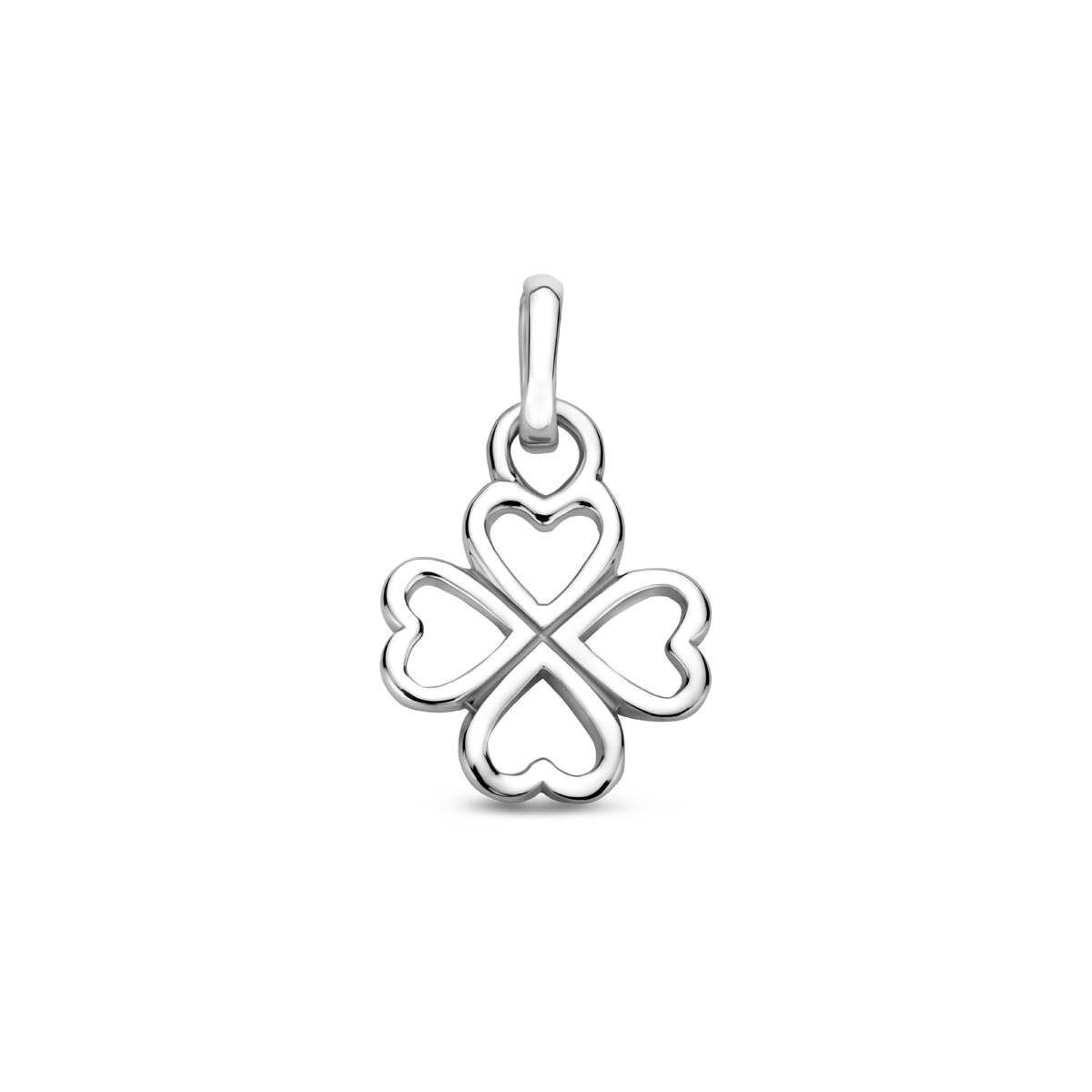Gerhodineerd 925 zilveren hanger uitgevoerd in de vorm van een klavertje. De hanger heeft een totale hoogte van 17mm.