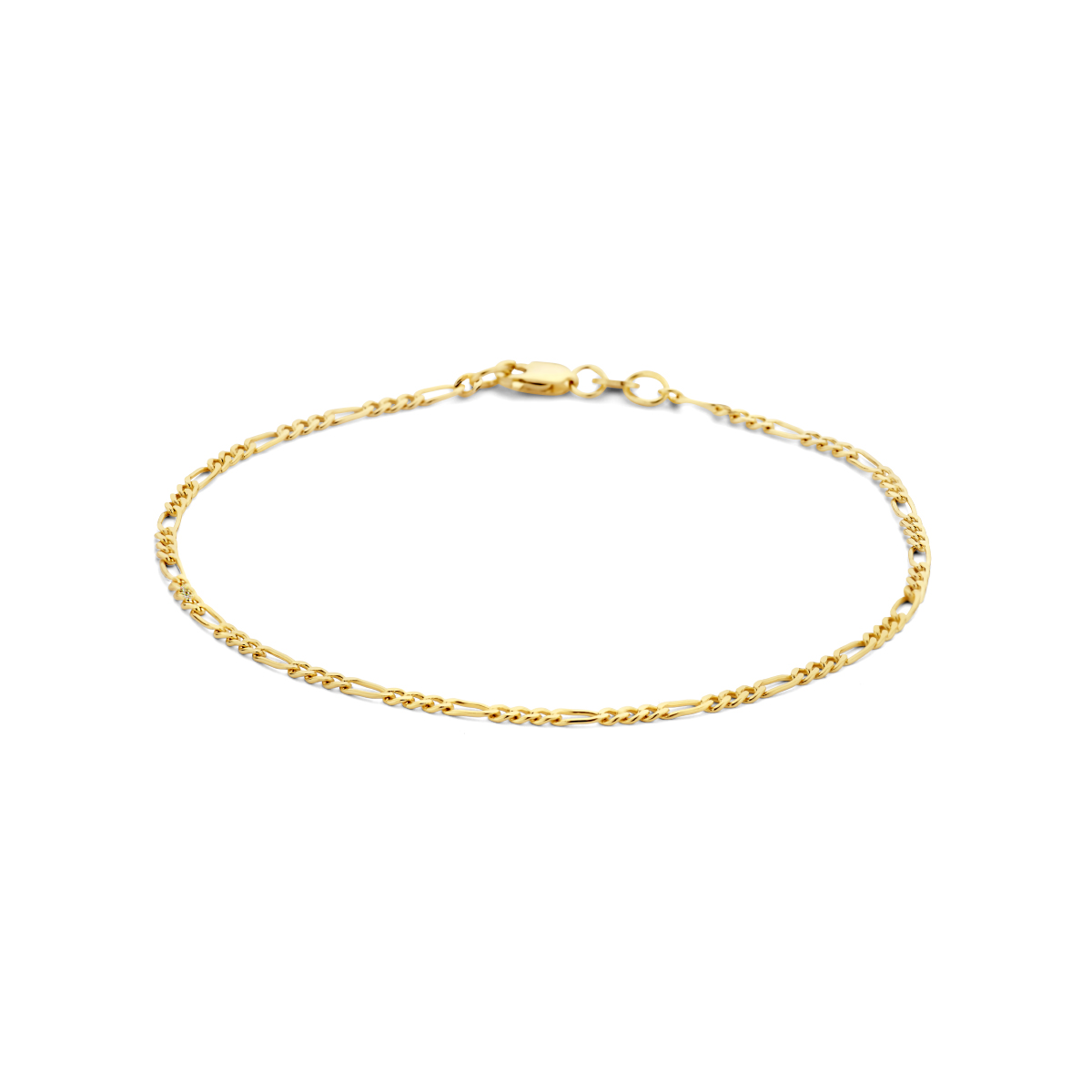 Geelgouden armband met figaro schakel uitgevoerd met een karabijn sluiting. De schakelbreedte is 1.9mm.