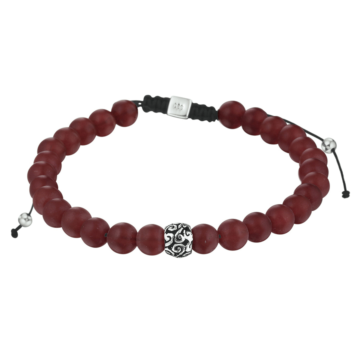 Stoere armband uitgevoerd met rood agaat stenen en zilveren elementen. De armband heeft een breedte van 6.5mm en een draaglengte van 19 tot 26cm. Tip: Leuk om kado te geven!