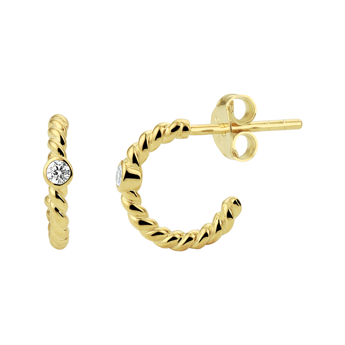 Verguld op 925 zilveren stekeroorringen uitgevoerd met een schitterende zirkonia. De oorstekers hebben een dikte van 2.5mm. Geen garantie op plating.