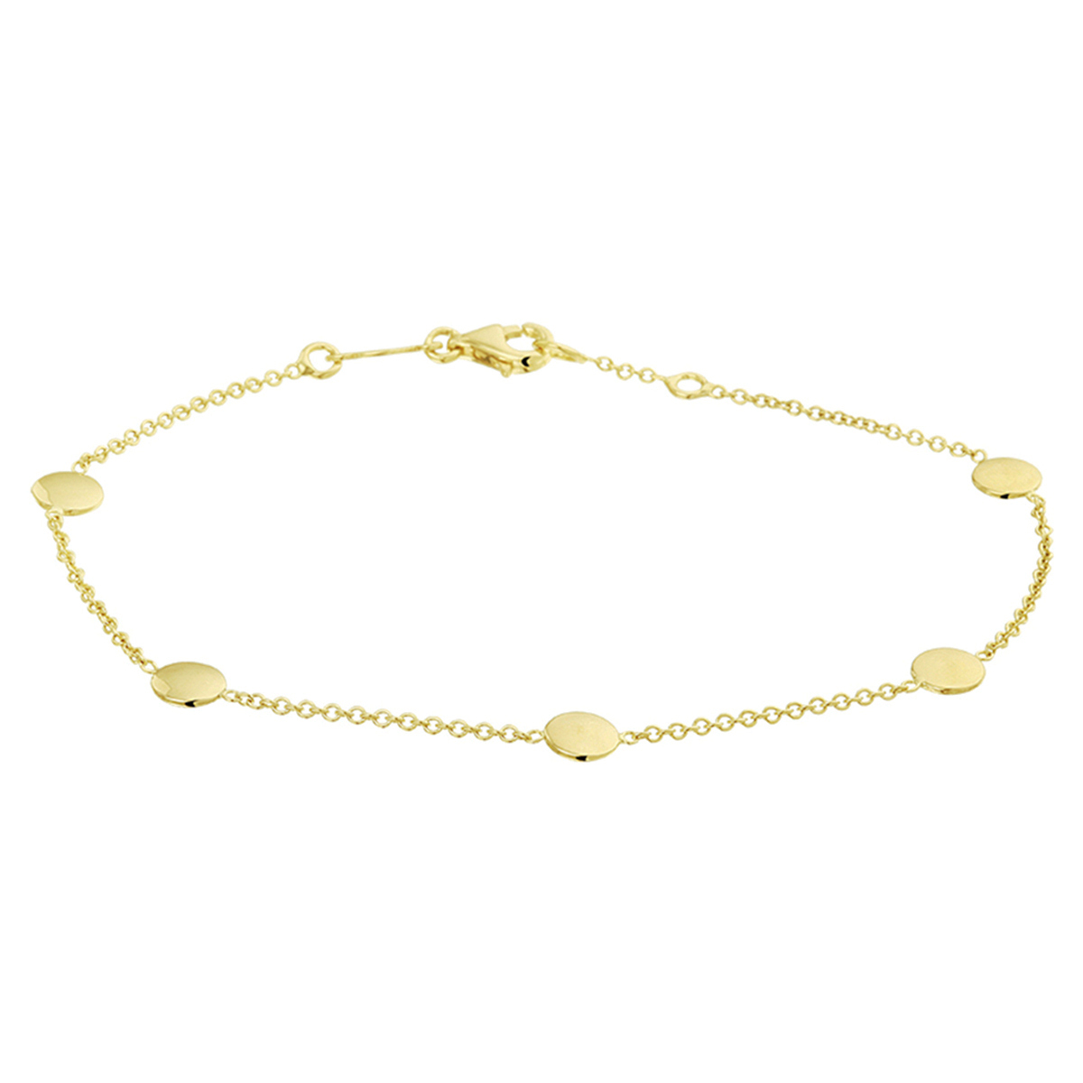 Geelgouden 1.3mm brede anker armband met draaglengtes van 18 en 19cm uitgevoerd met 5 rondjes van 5mm. De armband heeft een karabijn sluiting.