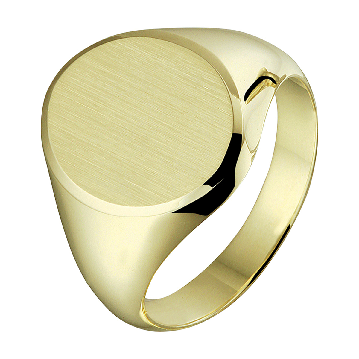 Stijlvolle geelgouden massieve graveerring met een afmeting van 16.5x14mm. De gediamanteerde afwerking en de robuuste afkanting maken de ring helemaal af.