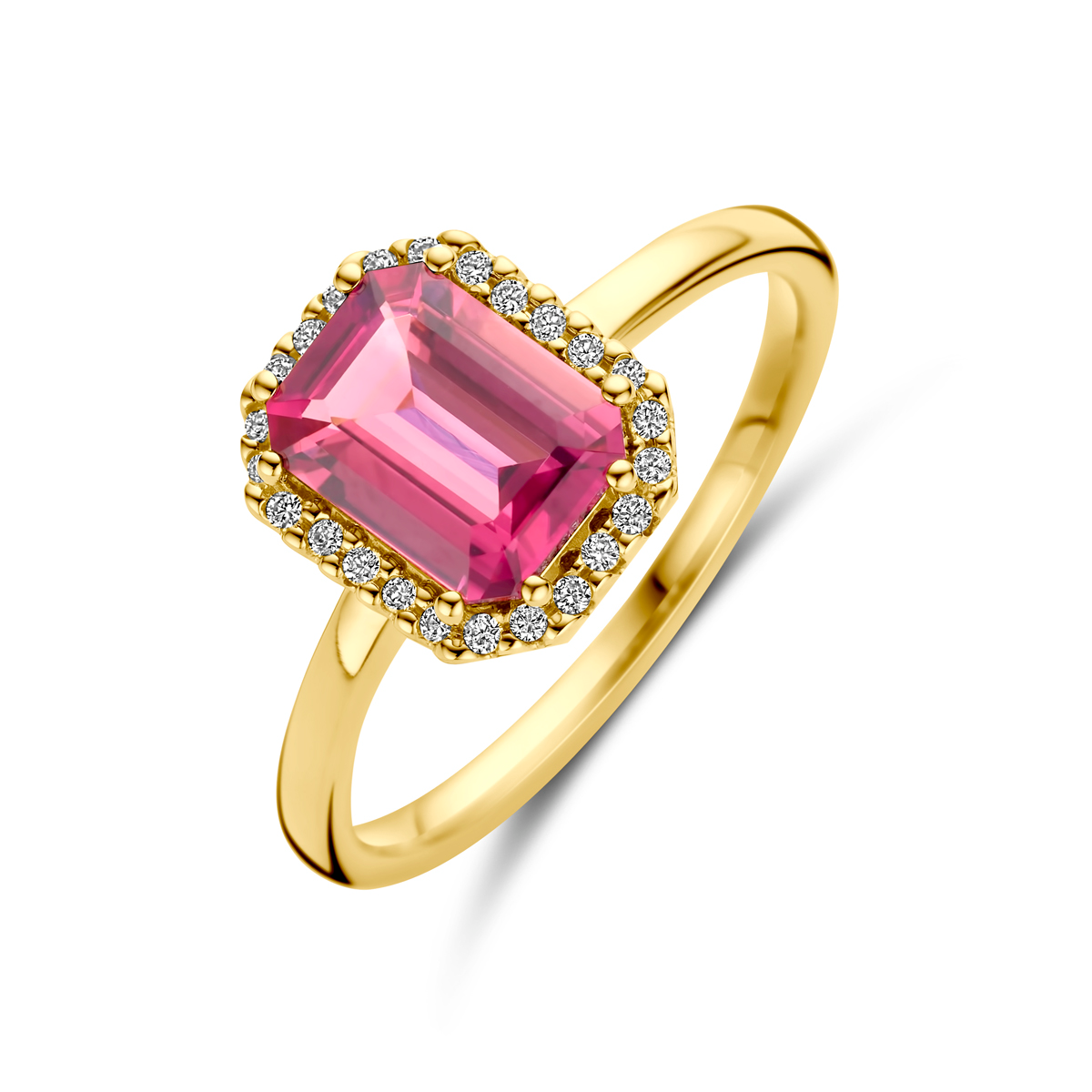 14 karaats geelgouden ring met diamant en toermalijn