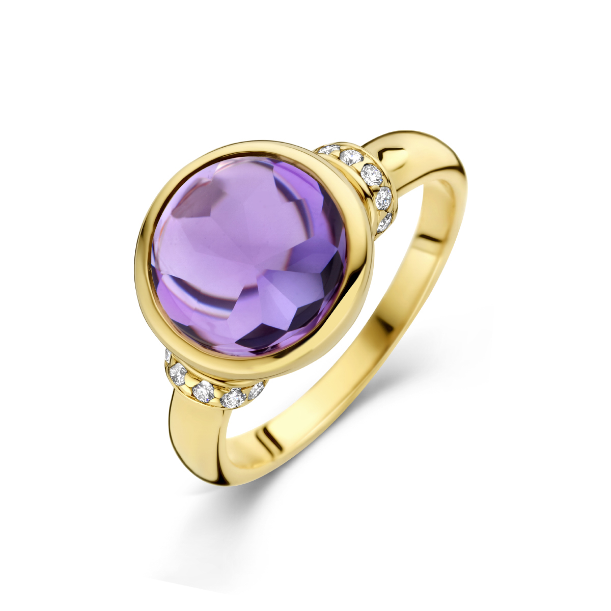14k Geelgouden ring uitgevoerd met een amethist en diamanten.