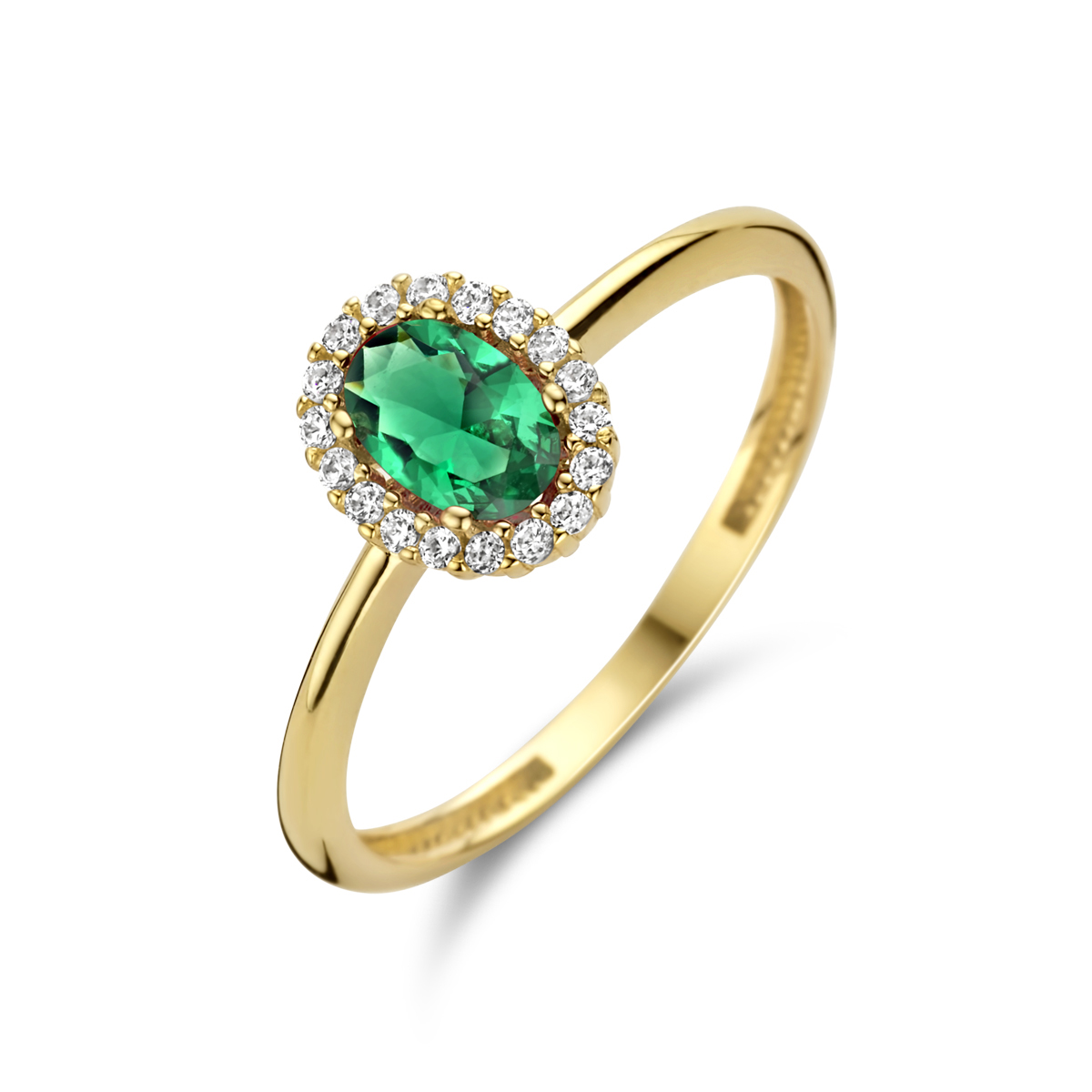 14k Geelgouden ring uitgevoerd met schitterende groene zirkonia. De ring heeft een breedte van 8.5mm.