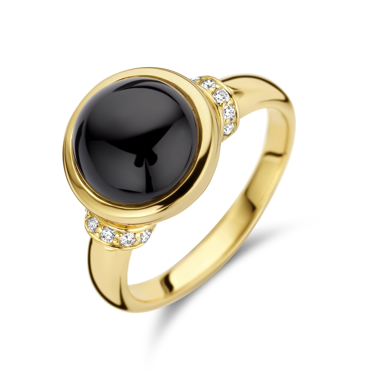 14k Geelgouden ring uitgevoerd met een schitterende onyx en een diamant rij. De ring heeft een breedte van 11.5mm.