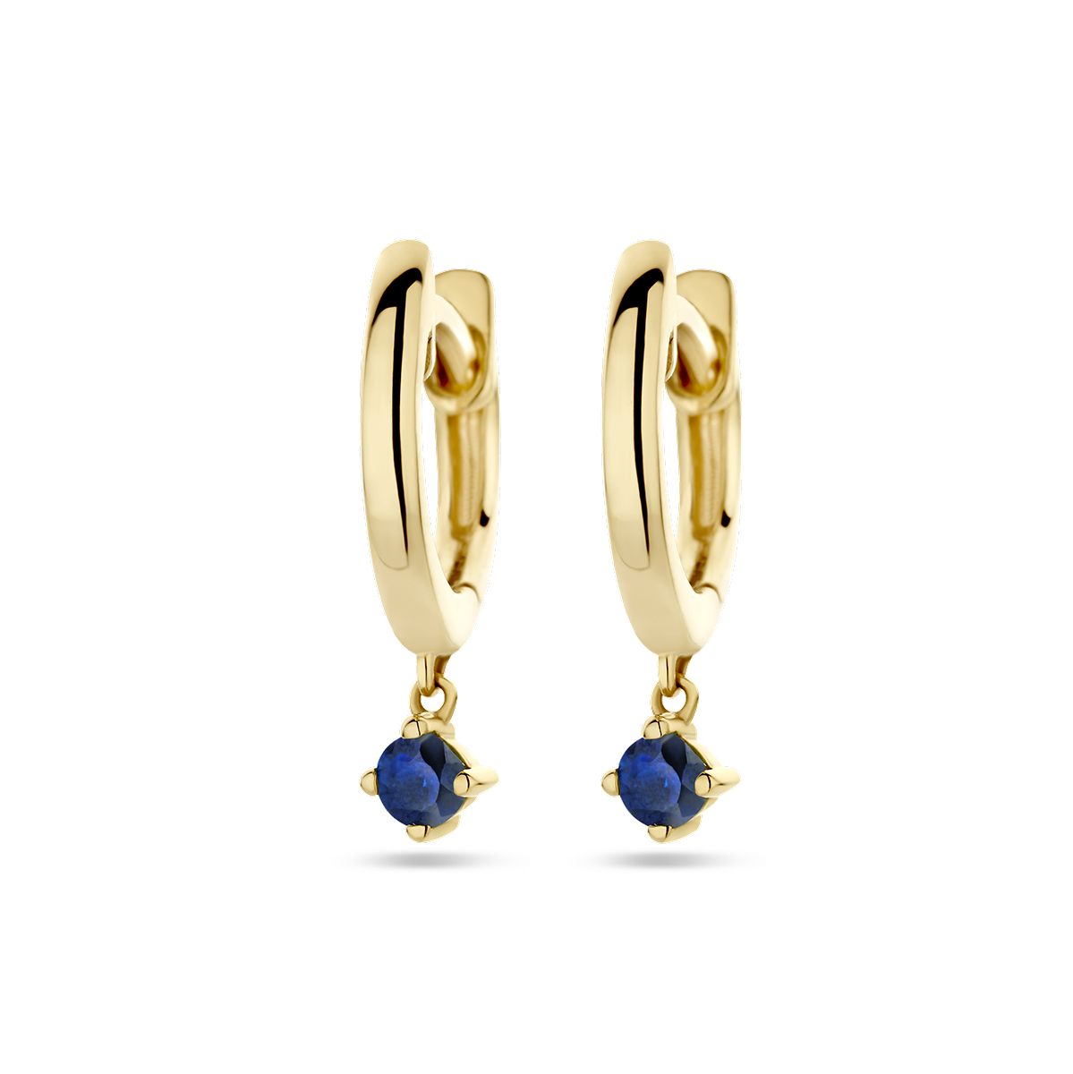 14k Geelgouden klapoorringen uitgevoerd met saffier stenen. De oorringen hebben een totale hoogte van 14mm.