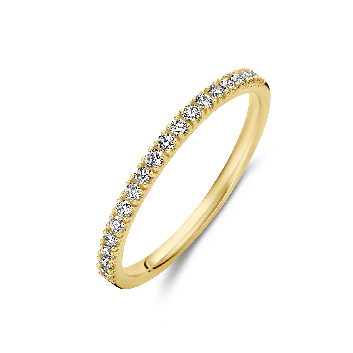 14k Geelgouden ring uitgevoerd met schitterende diamant. De ring heeft een breedte van 1.5mm. Het diamantgewicht is 0.20ct.