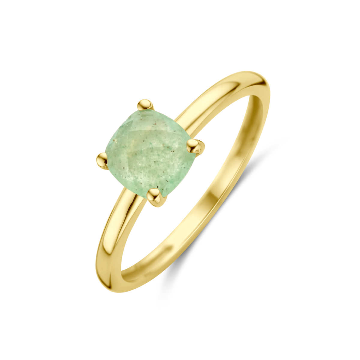 14k Geelgouden ring uitgevoerd met groen aventurijn. De steen heeft een afmeting van 6x6mm.
