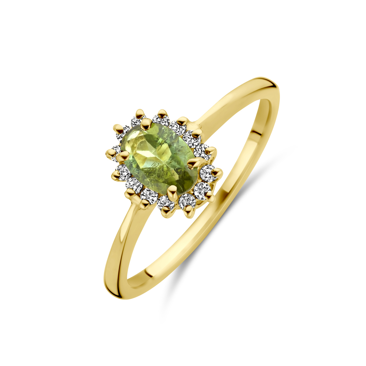 14k Geelgouden ring uitgevoerd met toermalijn en diamant. De ring heeft een breedte van 9x7mm. Het diamantgewicht is 0.11ct.