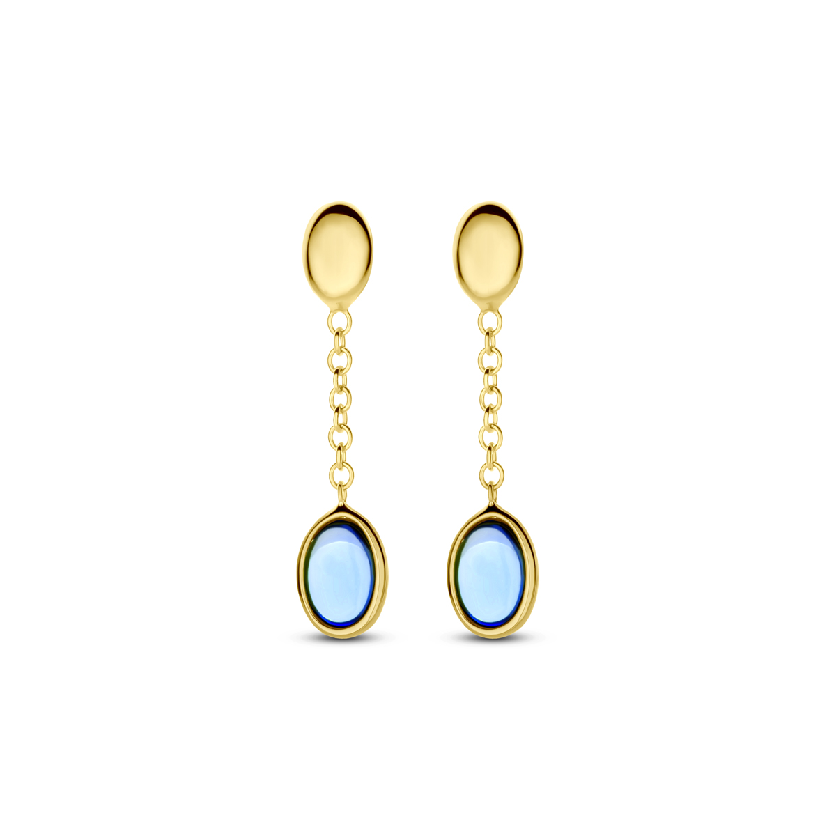 14k Geelgouden oorhangers uitgevoerd met london blue topaas. De oorhangers hebben een totale hoogte van 26mm.